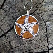 Hawaiian Koa Wood Jewelry Starfish Silver Rhodium Plated Brass Pendant BRP1020