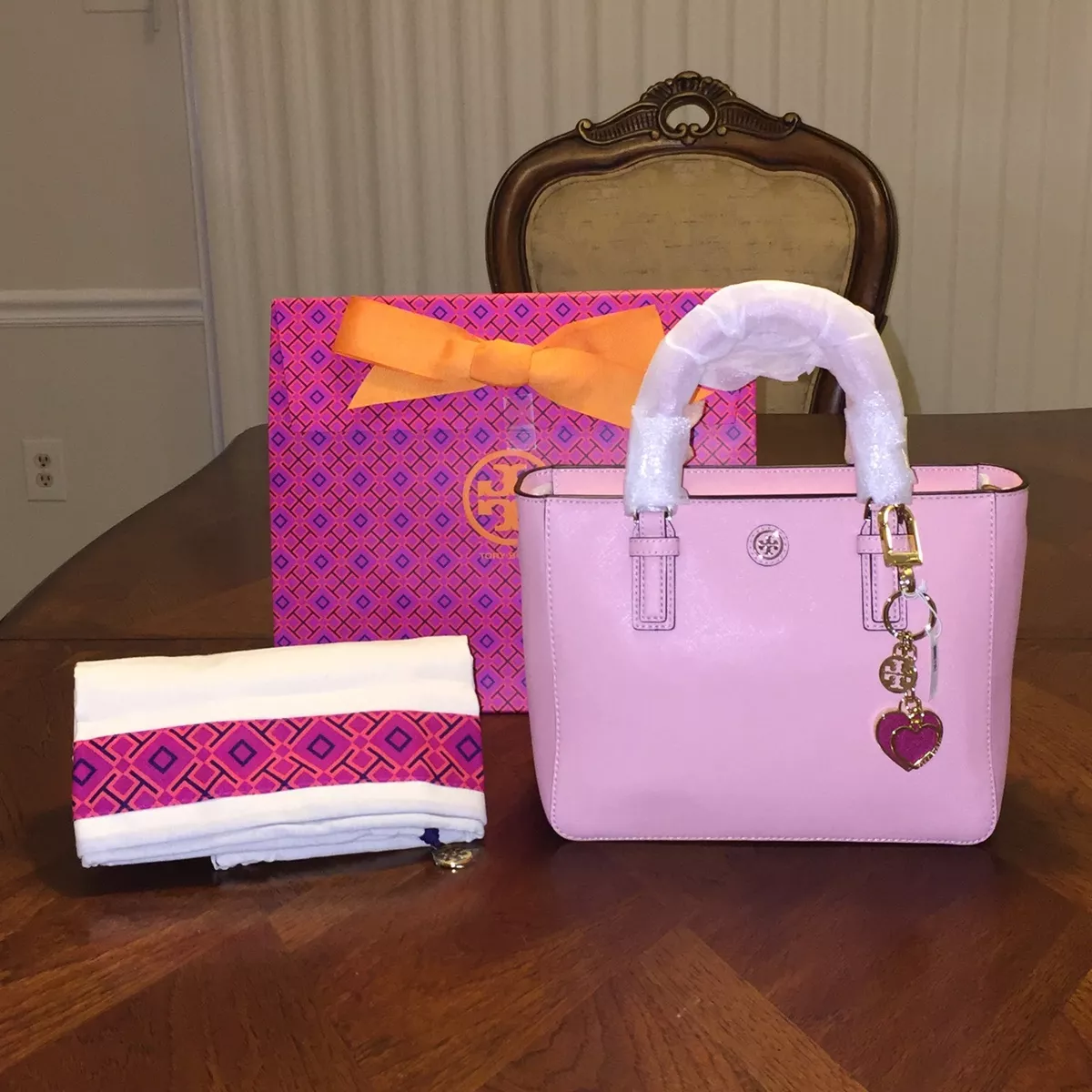 NWT Tory Burch Robinson Mini Square Tote in Rose Sachet & Heart Key Fob