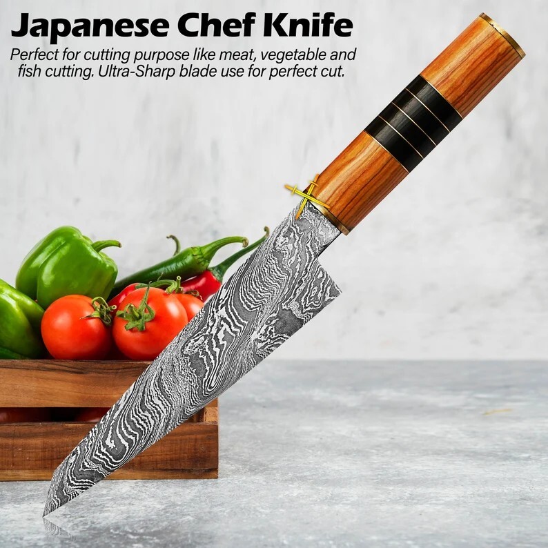 Damascus Steel Chef's Knife, Kitchen Knife Wood Handle, Best Gift For Her