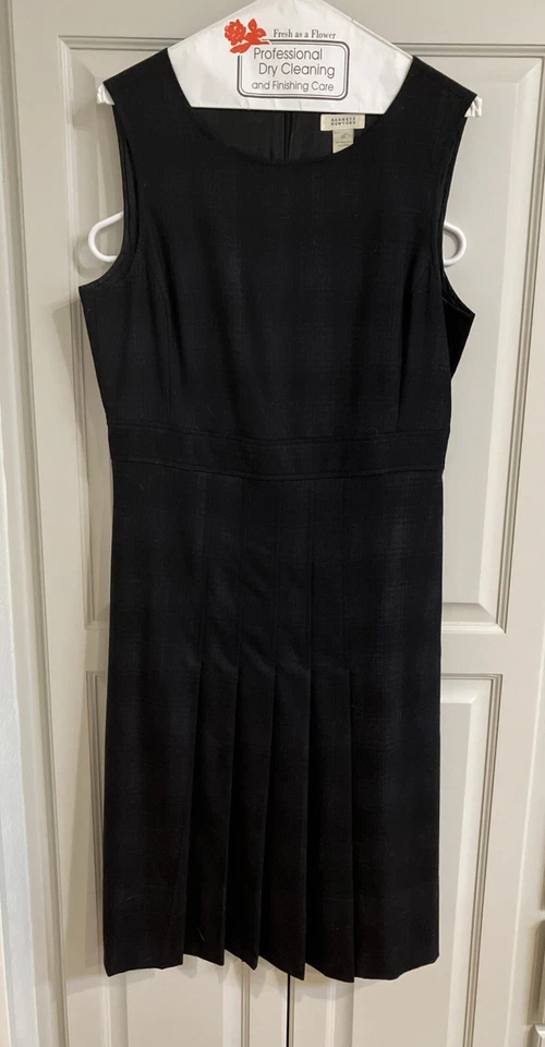 Vestido de lana Barneys New York negro 44 línea A negro azul patrón de reloj pliegues Foto 2 de 4