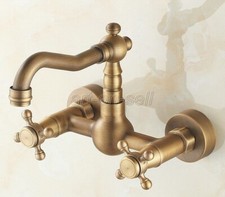 Antique Brass Bathroom Basin Sink Faucet Dual Handles Mixer Tap Wall Mount