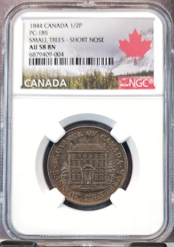 1844 CANADA 1/2 PENNY PC-1B5 SMALL TREES SHORT NOSE NGC AU 58 BN SCARCE VARIETY
