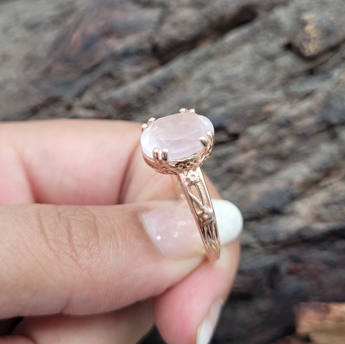 Elegant Rose Quartz Engagement Ring Oval Cut 925 Sterling Silver Statement Ring - Picture 6 of 9