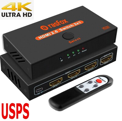 3-Port HDMI Switch 3x1 Switcher Selector Splitter 4K 1080P HDMI 2.0  + Remote