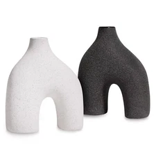 Modern Round U-Shaped Vase Set of 2-8"x3.35"x9.3" Stoneware Sand Graze Hollow...