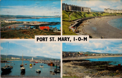 Postkarte Port St. Mary Isle of Man mit zwei Buchten Hafen Gansey Strand Die Bucht