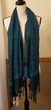 Pashmina Multi Textured 70” X 27” Fringed Scarf 100% Pashmina  Blue 
