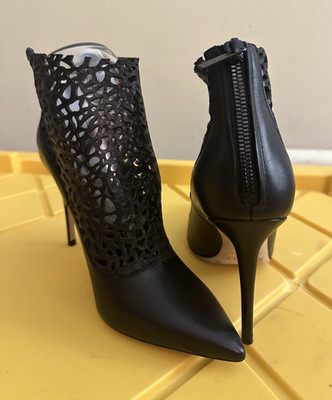 Jimmy Choo Women s Black Leather Laser Cut Pointed Toe Stiletto Ankle Bootie 8.5