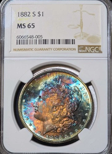 1882 Morgan Silver Dollar NGC MS65 Monster Rainbow Toned Coin Nice Luster GEM $1