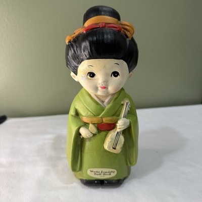 Vintage World Friendship Bank. Enesco Japanese Doll, Green Kimono