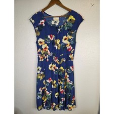 Maeve Anthropologie M Floral Smocked Waist Mini Dress Blue Sleeveless Pockets
