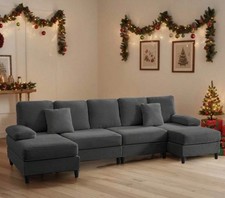 Divano componibile a forma di U in velluto a coste grigio