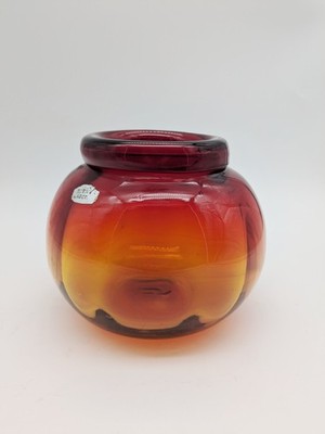 Vintage 6'' BLENKO Tangerine Amberina Glass Sphere Rose Bowl Vase MCM Foil Label