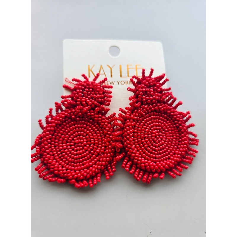 Kay Lee Red Glass Beaded Round Earrings New