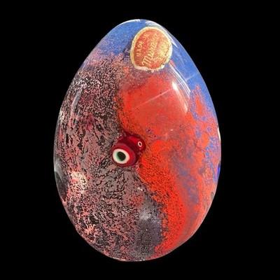 Murano Art Glass Egg Shaped Paperweight in Decorative Blue and Orange Swirl