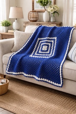 Handmade Crochet Granny Square Throw Blanket Blue White Afghan Coastal 46x46