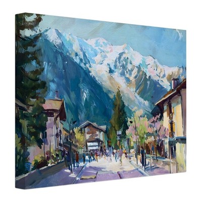 Chamonix Street Mont Blanc France Painting Canvas Print Alpine Mountain Wall Art