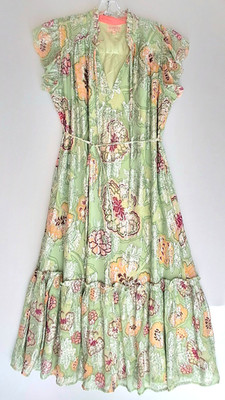 Ciebon Nordstrom Tiered  Dress M Ethereal Green Silver Floral Fairy Whimsigoth