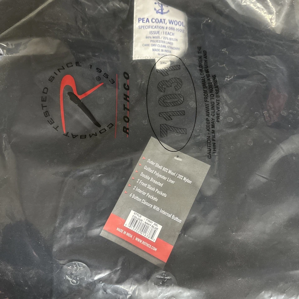 Rothco Naval Heritage 豌豆外套 - 海军蓝 XXL 全新 带标签  — 第 2/4 张图片