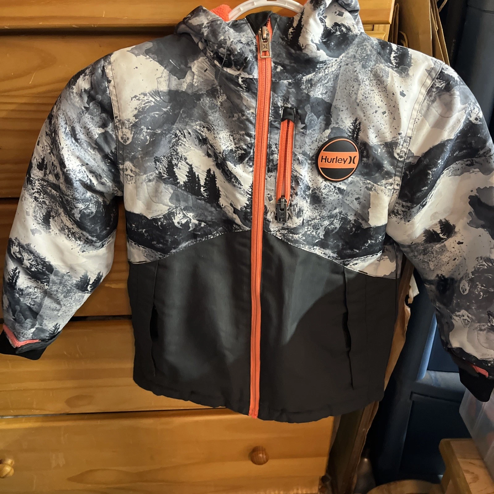 Hurley Hooded Jacket Kids S 5/6 Orange Camo Fleece Lined Winter Coat