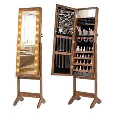 Mirror Jewelry Cabinet with 20 Warm Lights and 4 Tilt Angles-Rustic Brown - Colo