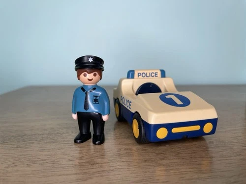 Vintage 1990 Playmobil Police Officer And Patrol Car Bendable Figure Toy