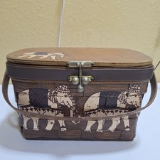 Vintage Caro-Nan Style Woven Wood Basket Purse Elephant Box Handbag Wooden Picni