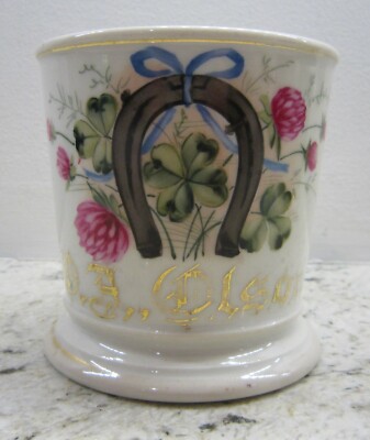Antique Porcelain Shaving Mug Horseshoe Four Leaf Clover Luck O.A. Olson