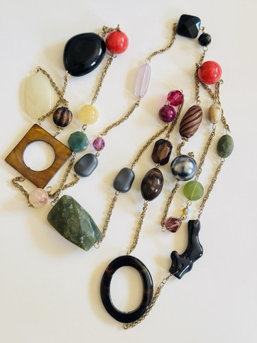 Necklace Natural Agate Onyx Jade Mother Of Pearl Quartz Beaded Gold Plated Chain