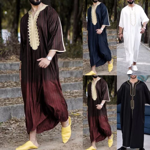 Mens Robe Muslim Clothing Saudi Arab Jubba Kaftan,Dishdash,Thobe,Long-Sleeve - Picture 3 of 36