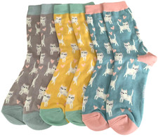 Cats Socks Cat Pattern 3 Pair Pack Blue Grey Yellow Love Heart Cute Kitten Kitty