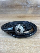 Vintage 1970s Black Leather Double Belt W Carved Button