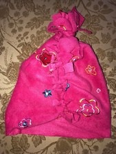 girls bold dark pink FLEECE WINTER HAT colorful flowers embroidery tassel top  