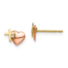 Madi K Kid's Earrings 14k Yellow and Rose Gold CZ Heart and Cross Post