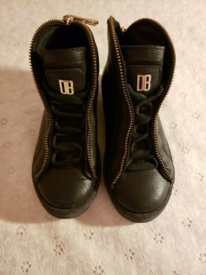 BOYS BIKKEMBERG BLACK LEATHER ZIPPERED HI-TOP SNEAKERS SIZE 28