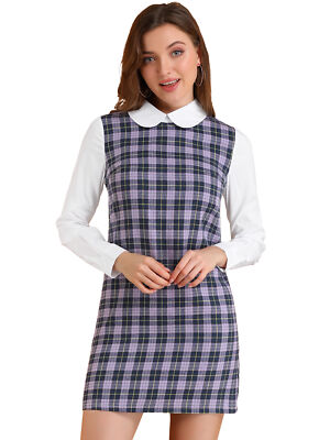 Allegra K Women Peter Pan Collar Long Sleeve Check Dress | eBay