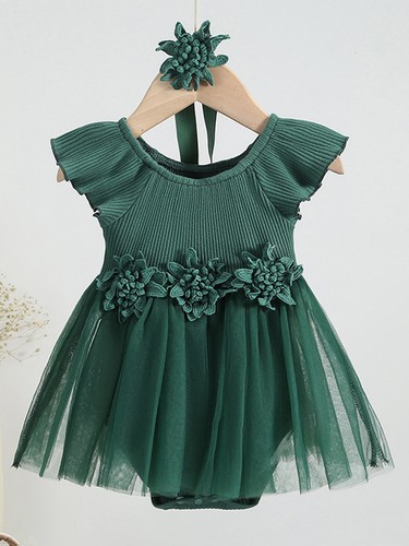 Baby Girls 2Pcs 3D Flower Set Tulle Princess Dress Press Button Romper Headband - Picture 38 of 47
