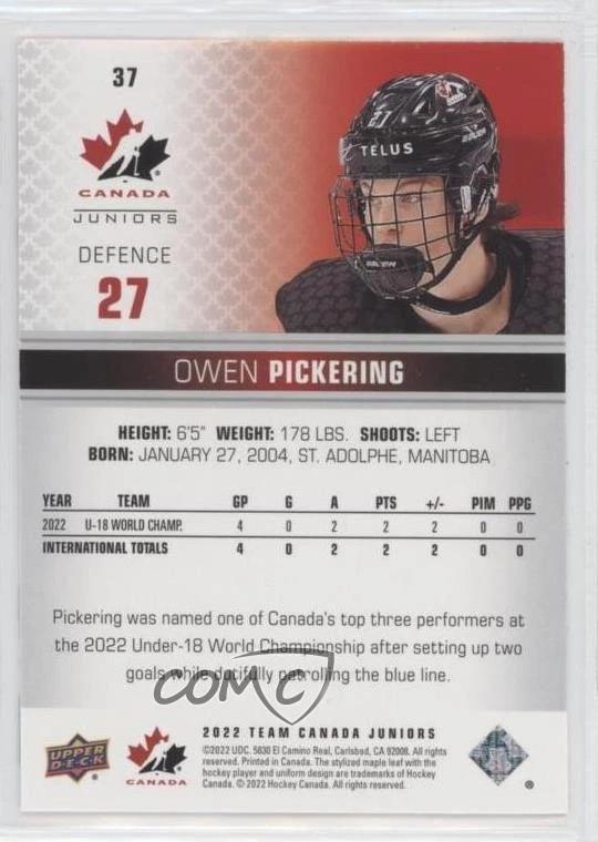 2022 Upper Deck Team Canada Juniors Men's U-18 UD Exclusives /100 Owen Pickering - Image 2 of 2