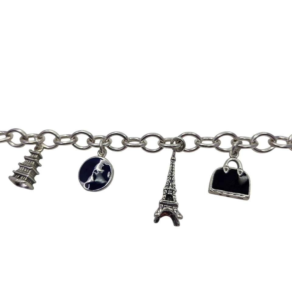 VTG Sterling Silver Travel Charm Bracelet Eiffel Tower Paris Passport 7" 25.8g - Image 2 of 4
