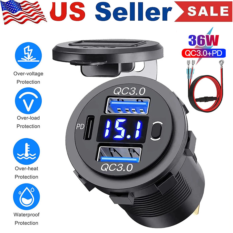 12V-24V PD+QC3.0 Dual USB Car Fast Charger Power Socket Outlet LED Voltmeter LOT