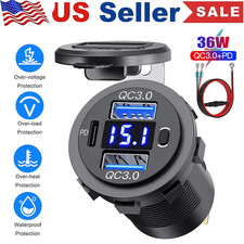 12V-24V PD QC3.0 Dual USB Car Fast Charger Power Socket Outlet LED Voltmeter LOT