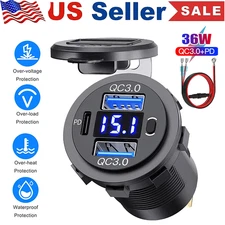 12V-24V PD+QC3.0 Dual USB Car Fast Charger Power Socket Outlet LED Voltmeter LOT