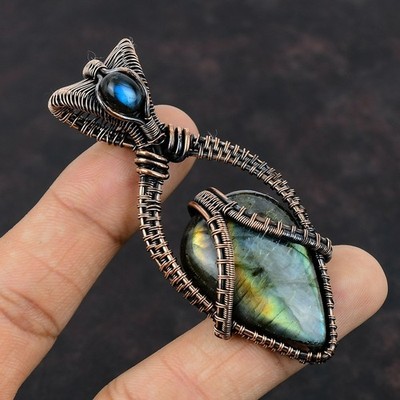 Daughters Day Deal Natural Labradorite Boho Wire Wrapped Pendant Jewelry Copper