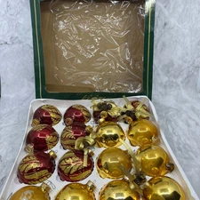 Visions by HOLLY 16 Vintage 2 5/8" Glass Ornaments Box Red Stencil Gold OT1