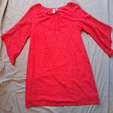 Tacera Pink Lace Shift Dress Women’s L Scoop Neck 3/4 Bell Sleeve Knee
