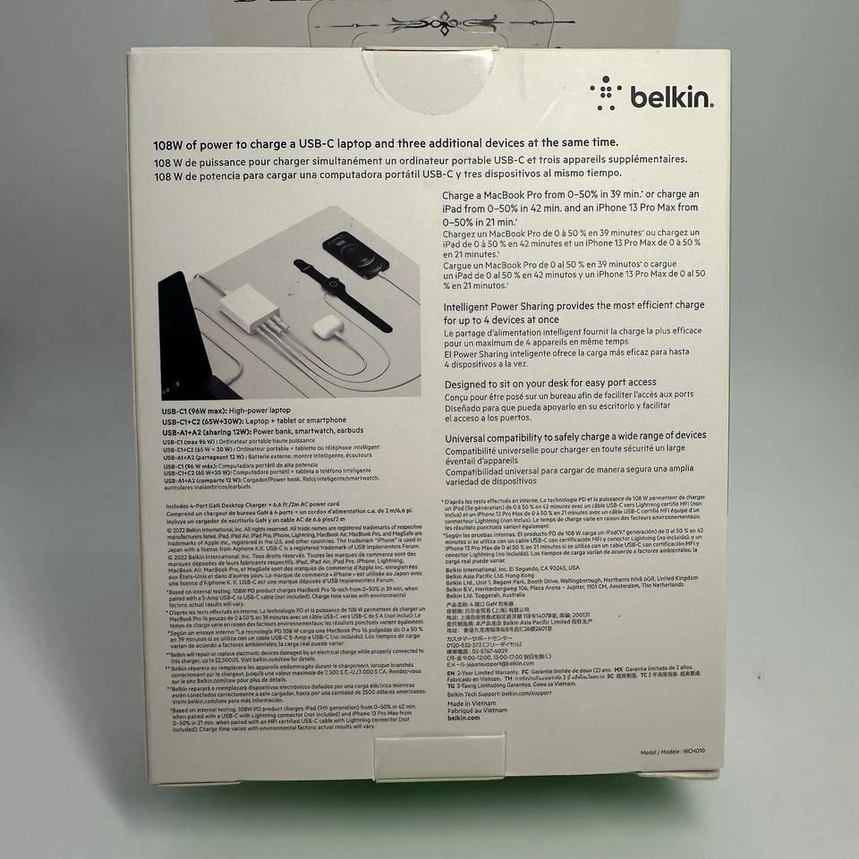 Belkin Boost Charge Pro 4 端口 108W GaN USB-C 充电器 - 白色 WCH010DQWH - 全新! — 第 3/4 张图片