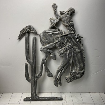 Vintage Cast Aluminum Cowboy Bronco Western Cactus Flange Sign Gate Fence Topper