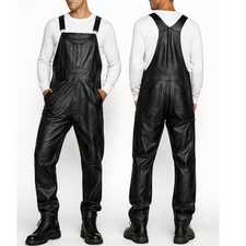 Men's Premium Genuine Brown Leather Bib Overalls Leather Zipper Fly Overalls New