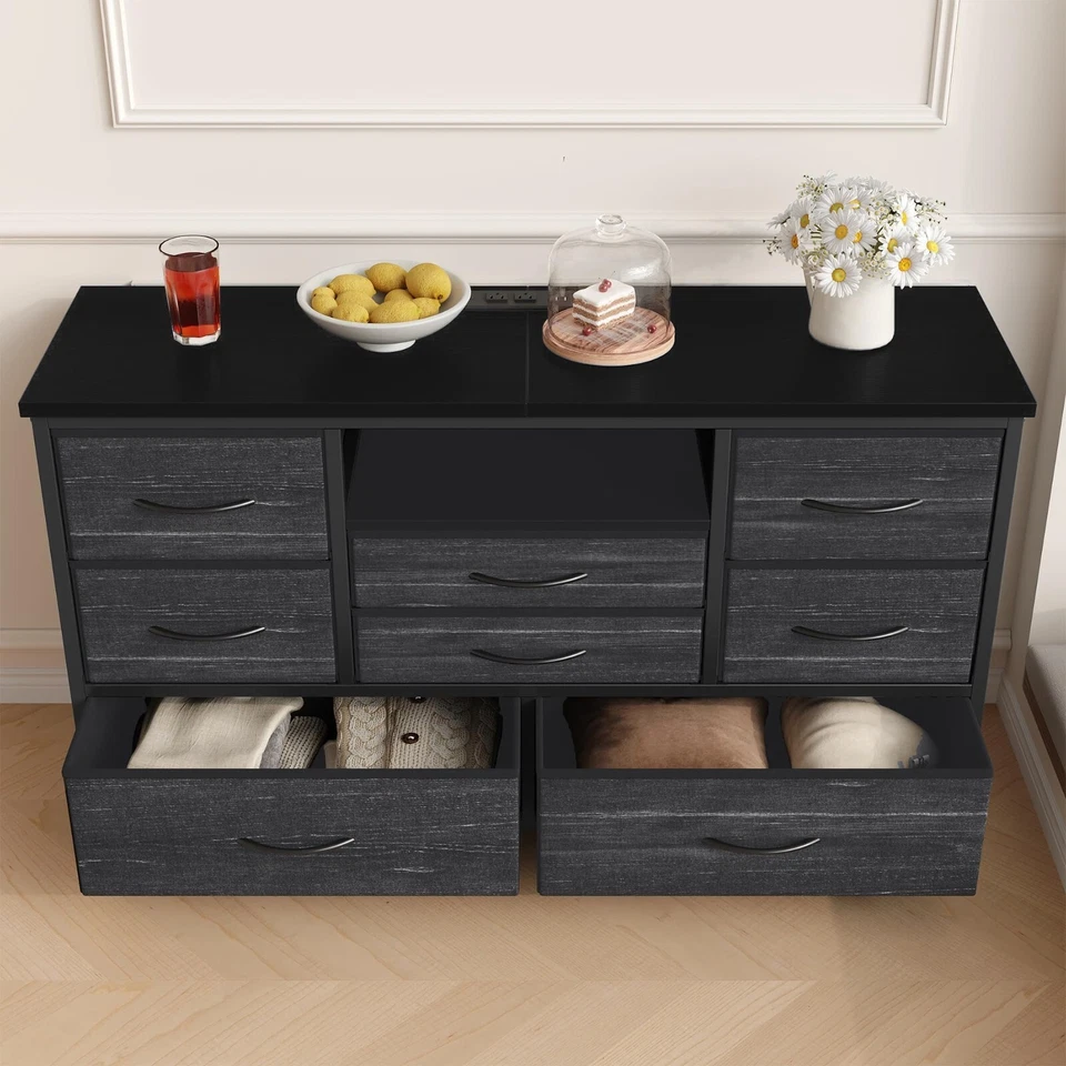 Cómoda de 8 cajones 55" soporte de TV con toma de corriente cómoda de almacenamiento negra Foto 4 de 4