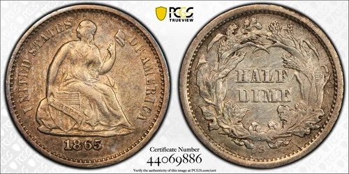 1865 S PCGS XF45 V-1 VP-001 RPD Repunched Date Seated Liberty Half Dime